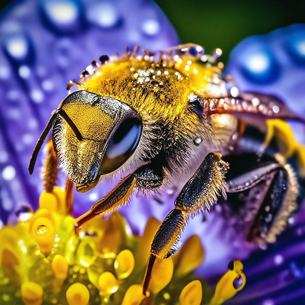 Macro closeup photograph of a cute and fuzzy bumblebee sitting on a ...