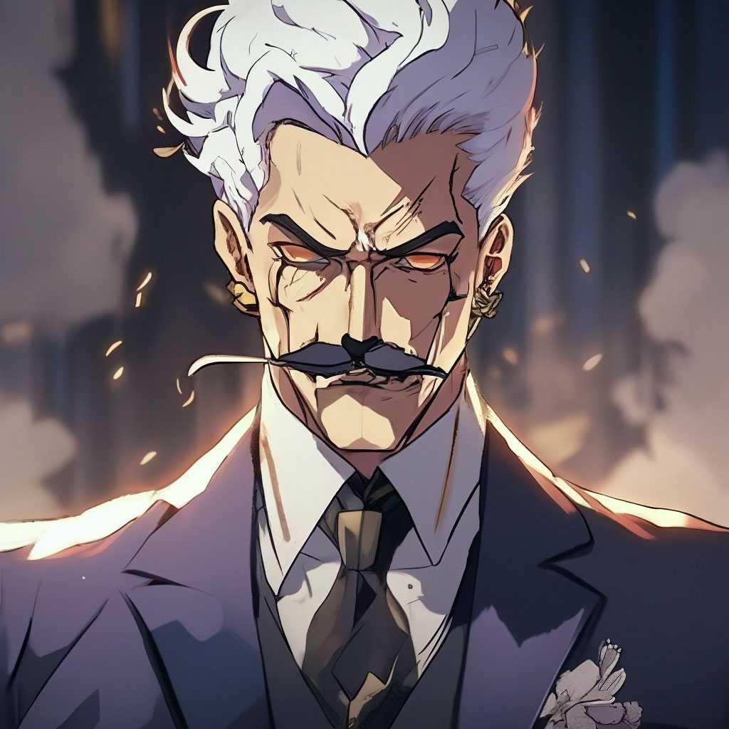 "In the style of anime Jojo, grandfather in a suit with a mustache and ...