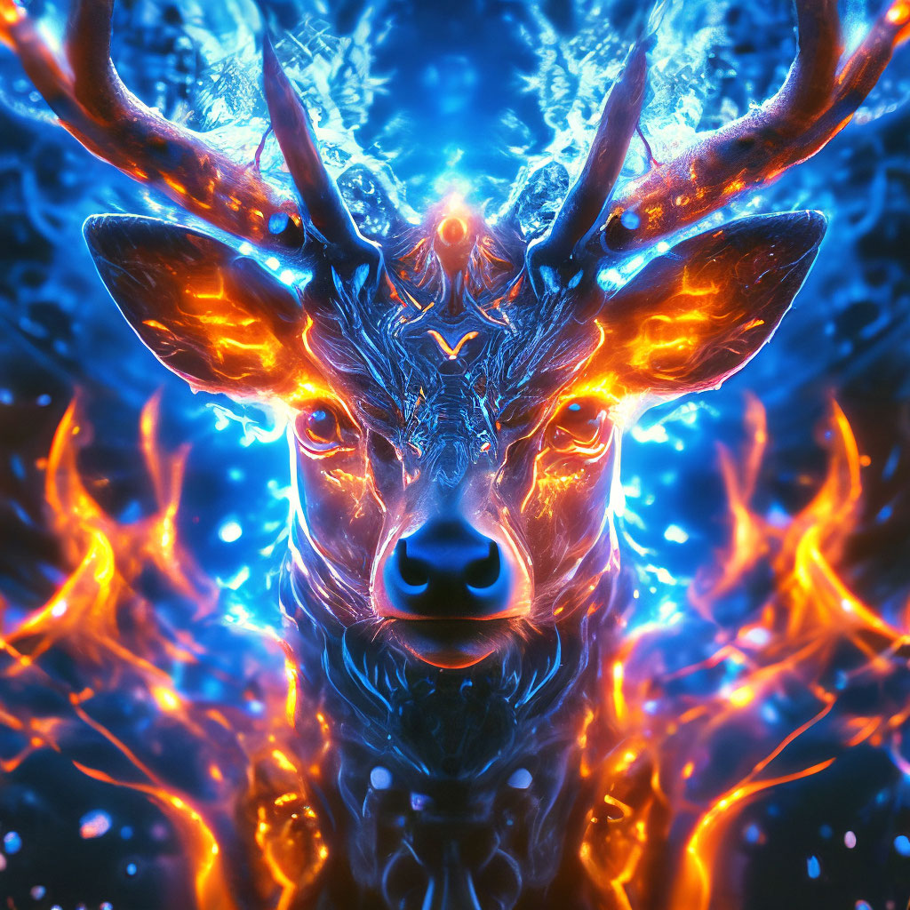"Fire deer, wave, surrealism, consists of fractals and water, fairy elf ...