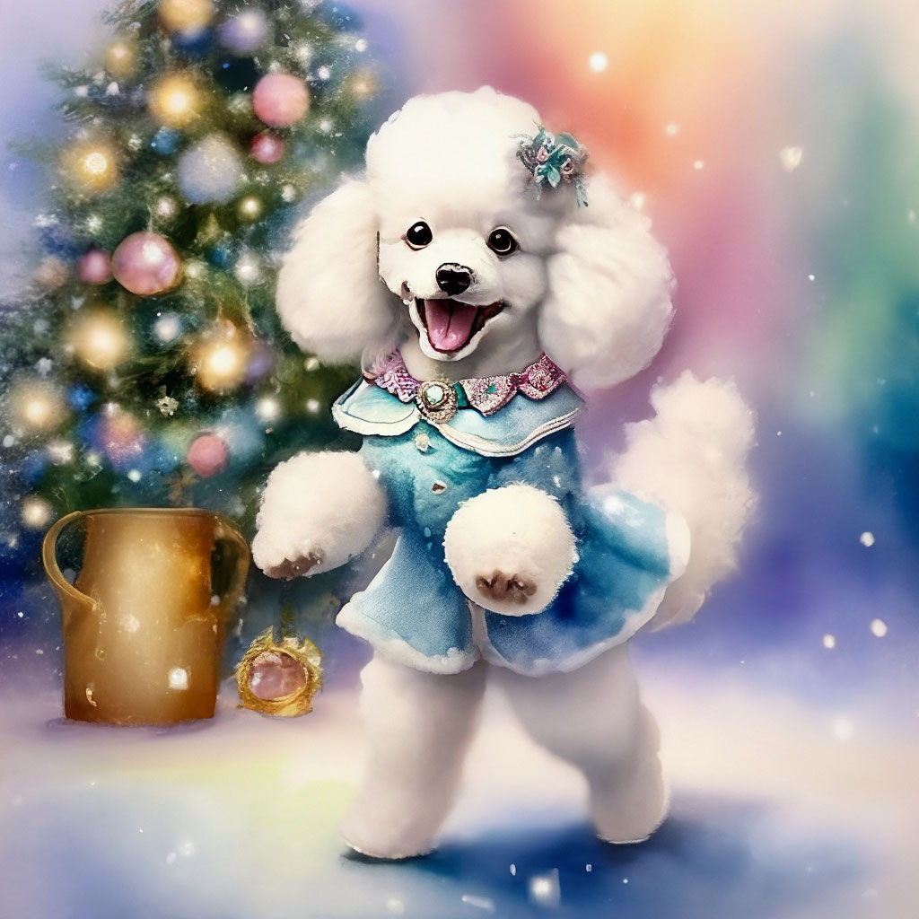 "A fabulous white poodle puppy in a snow maiden fur coat dancing under ...