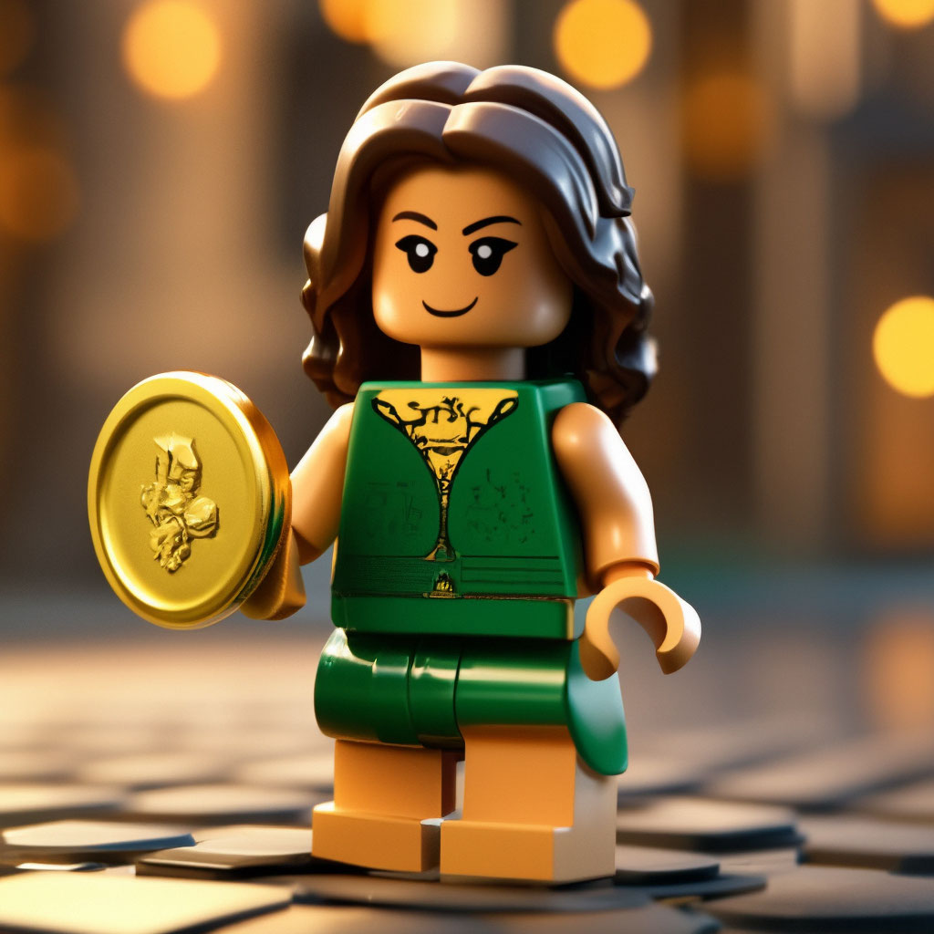 A Lego figurine girl in a green dress carries a golden Lego coin in her  hands, UE5, HDR, ultra-detail, soft "  image created in Shedevrum