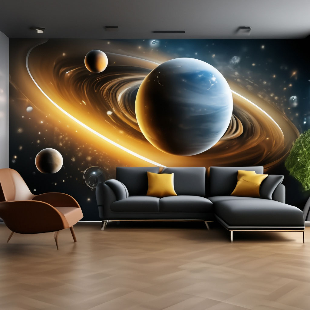"Wallpaper in the living room interior with the image of the planets of ...