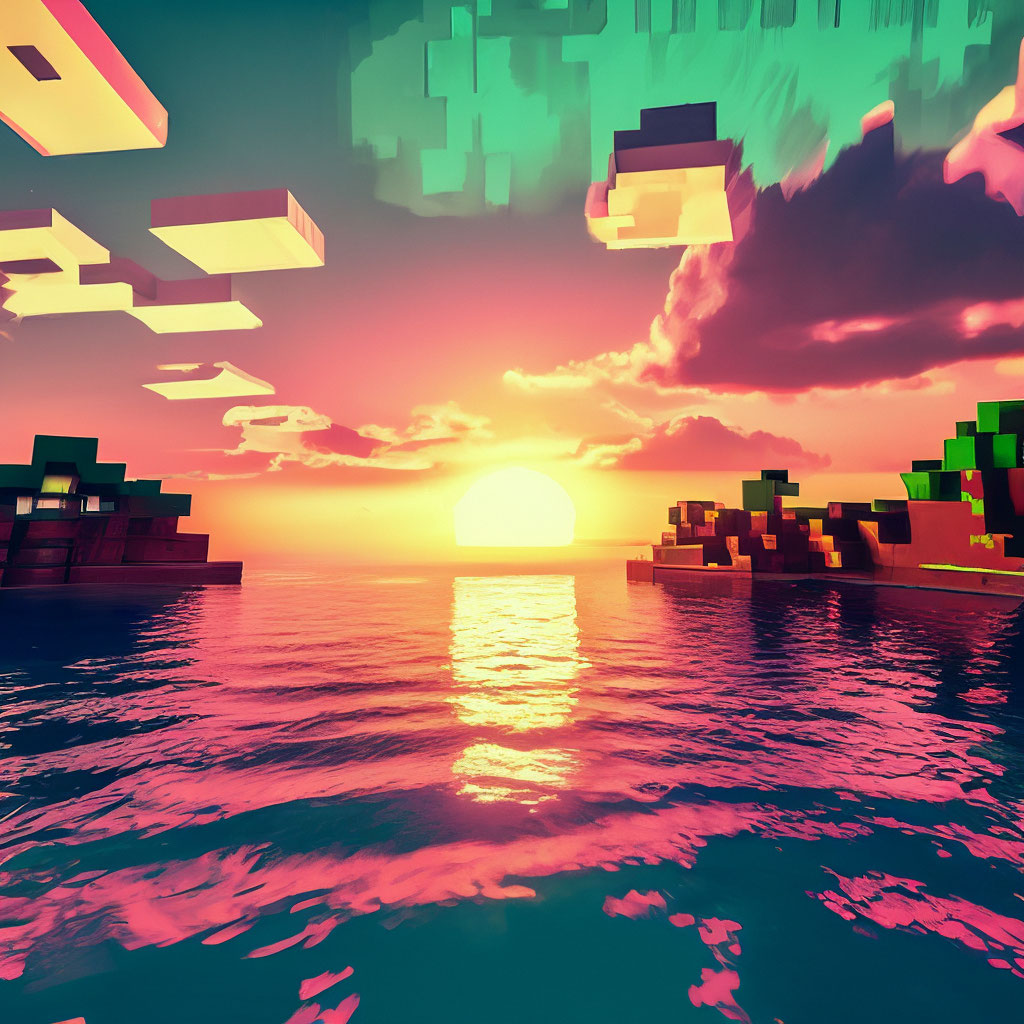 "Sunset on the sea, in the style of Minecraft" — image created in Shedevrum