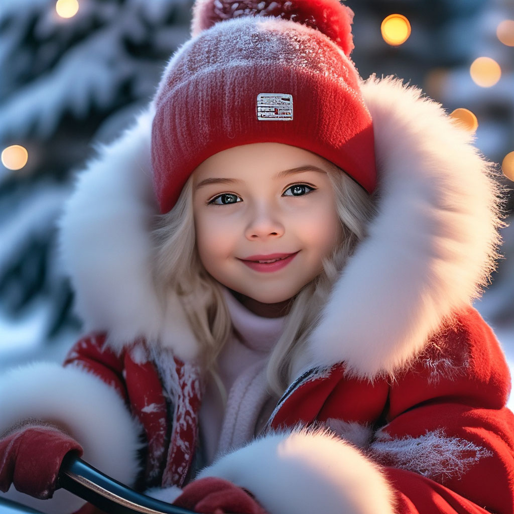 "A cute girl in a fluffy red and white fur coat is sitting on a sled ...