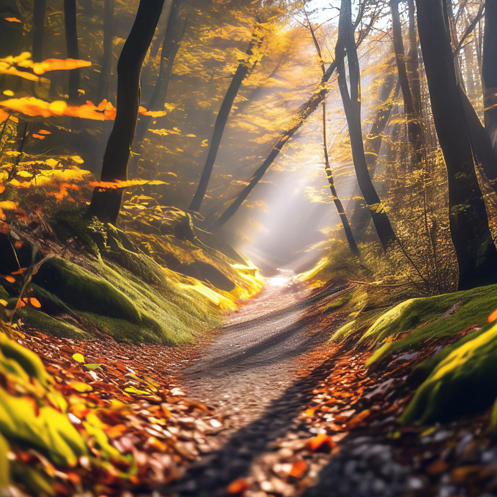 "A path through the forest with a lot of trees and leaves on the sides ...