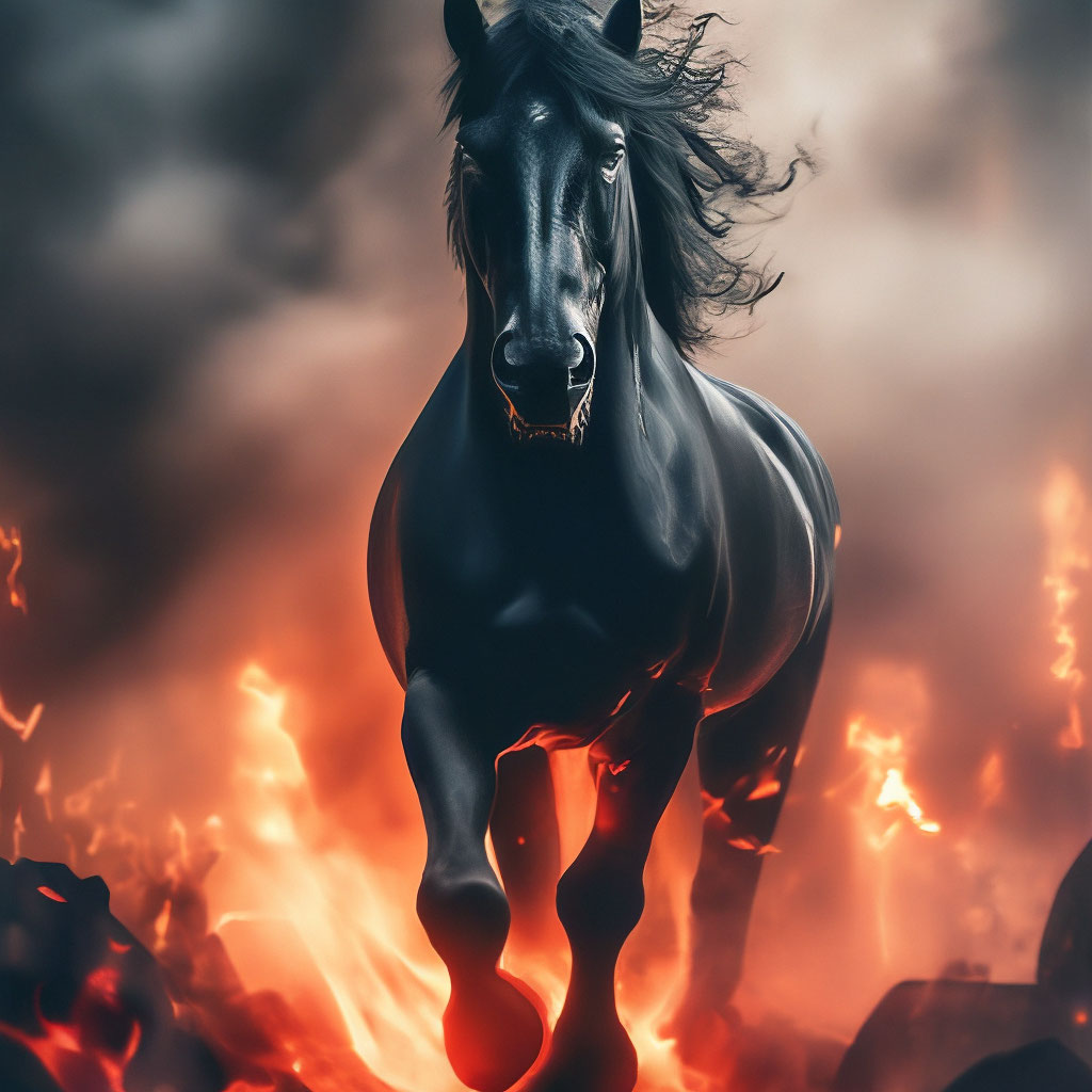 "A huge black horse with burning red eyes against a background of smoke ...