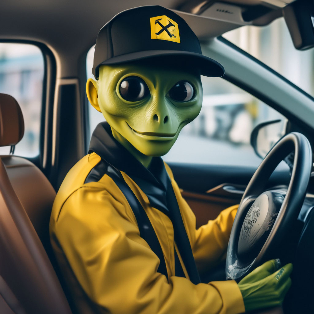 "Draw a funny alien taxi driver Yandex taxi, dressed as a taxi driver ...