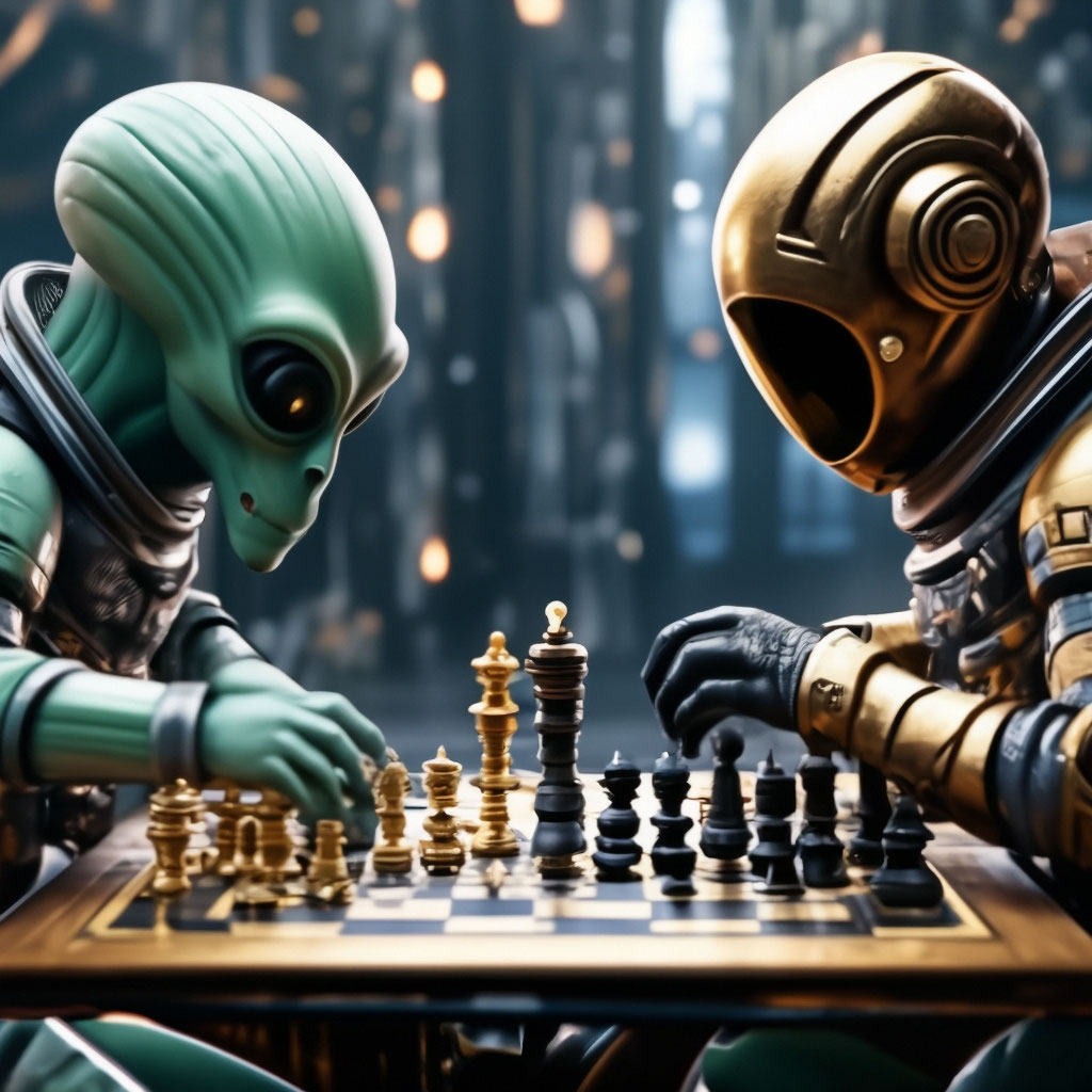 "An alien plays chess with an astronaut realistically, cosmically ...