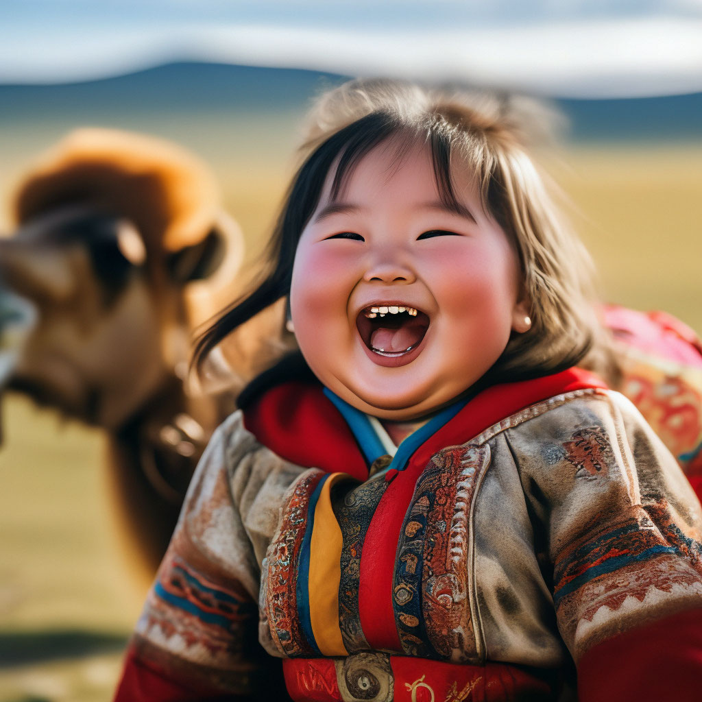 "A Mongolian little chubby girl of 5 years old is laughing in the ...