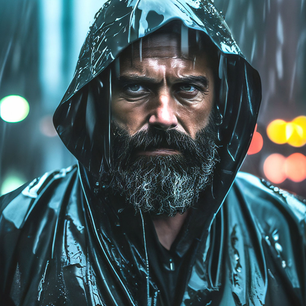 "A man in the rain in a black raincoat beard stern look , professional ...