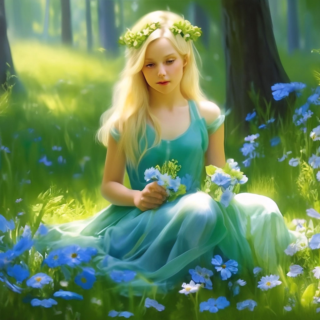 "A blonde girl is sitting in the grass, flowers in her hair, a green ...