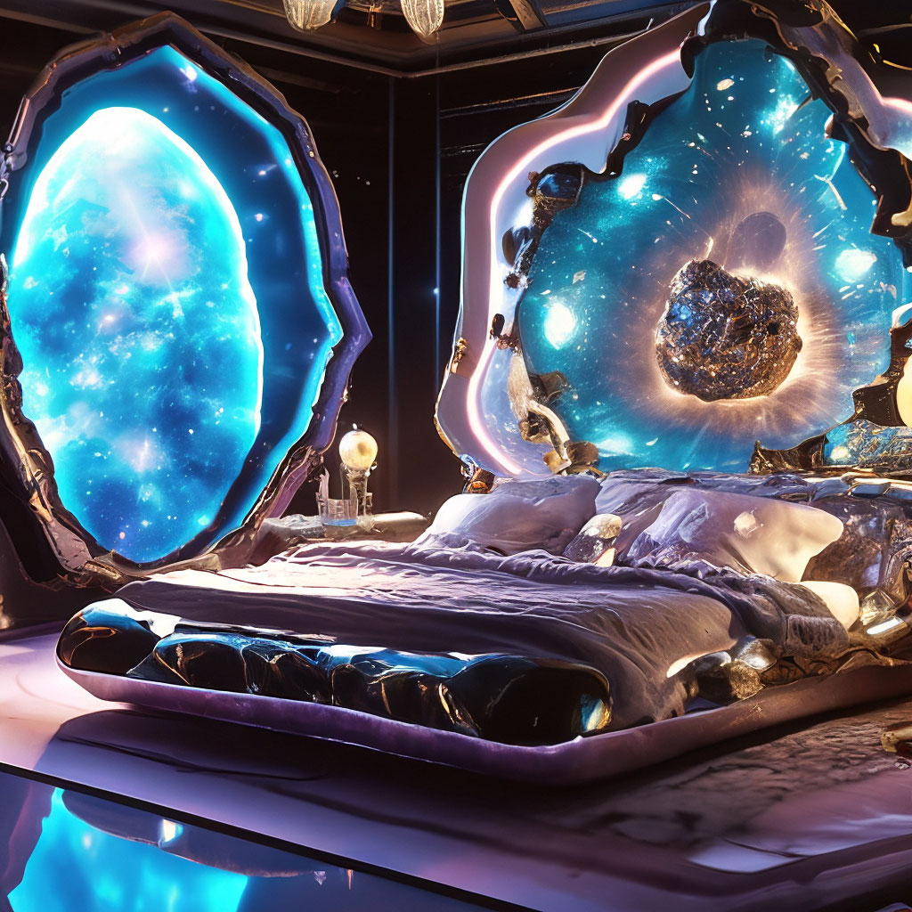 "Stylized opal geode-rococo bedroom, in the middle of space in the ...