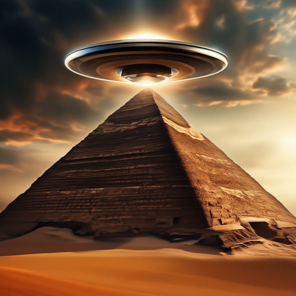 "An alien disk has half landed on an Egyptian pyramid, surrealism ...