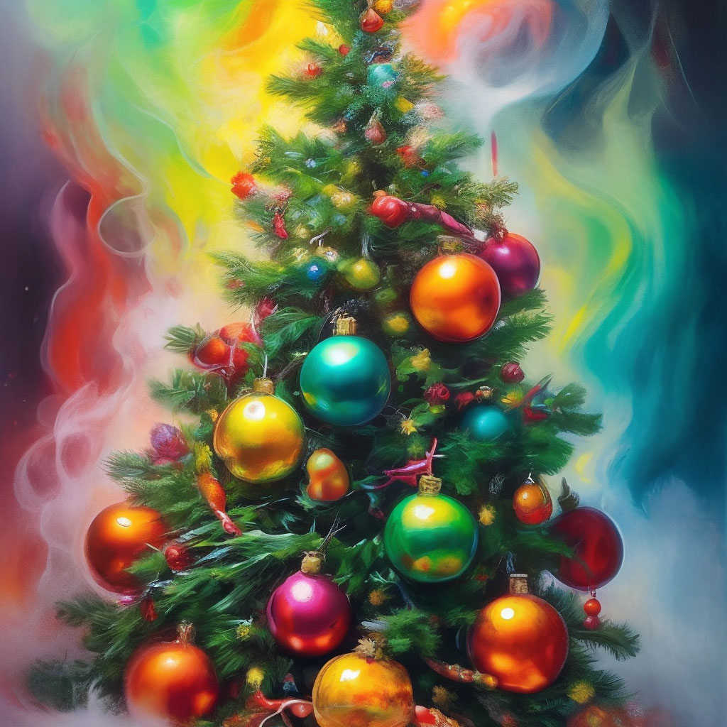 "The Christmas tree is decorated with fruits, garlands, Christmas balls ...
