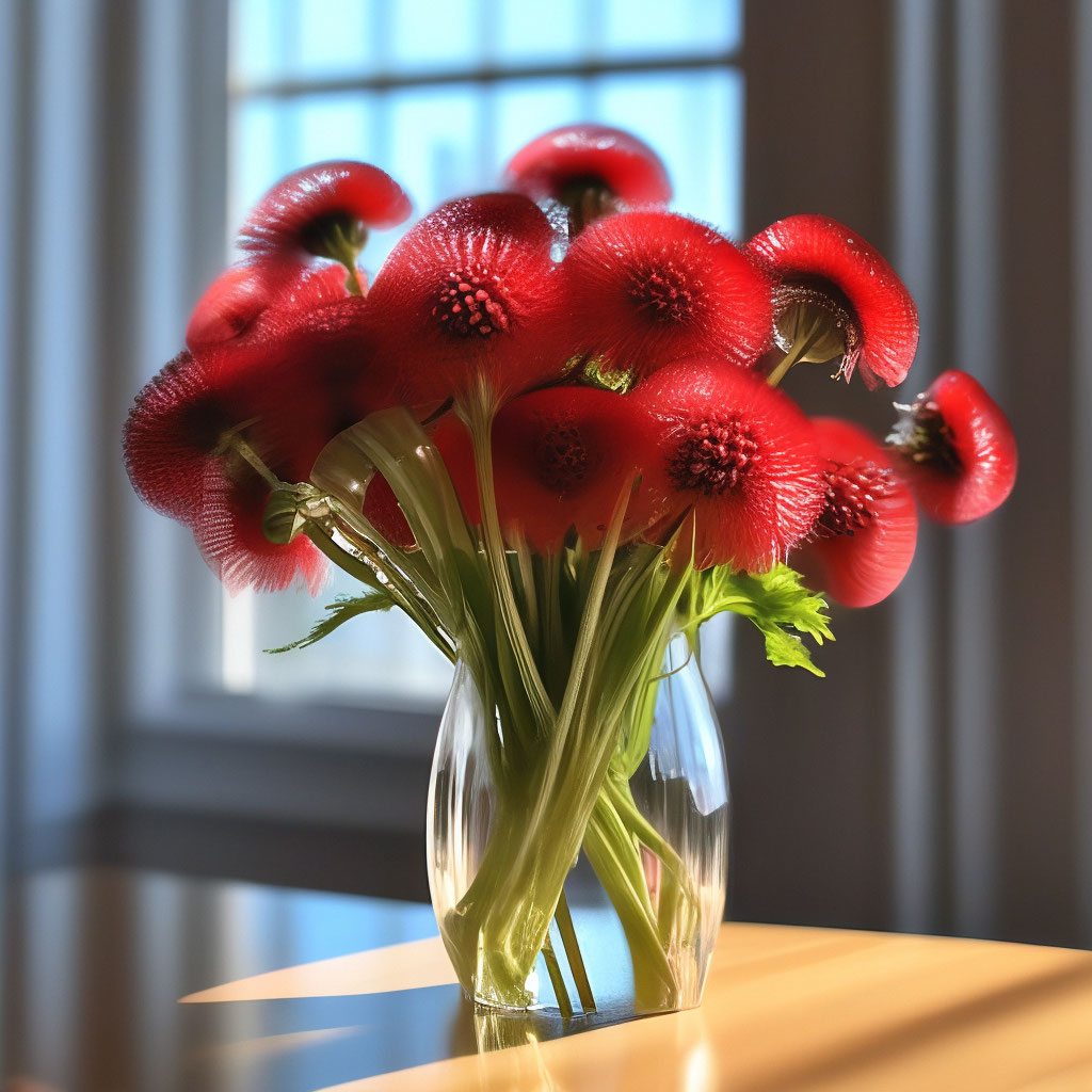 "Bouquet of red dandelions in a glass vase, beautiful, professional ...