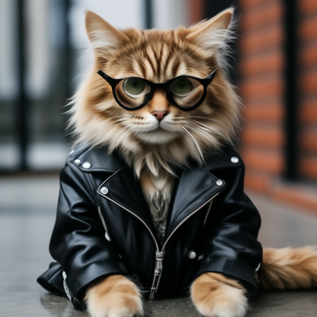 "The cat is sitting outside and she is wearing glasses in a leather ...