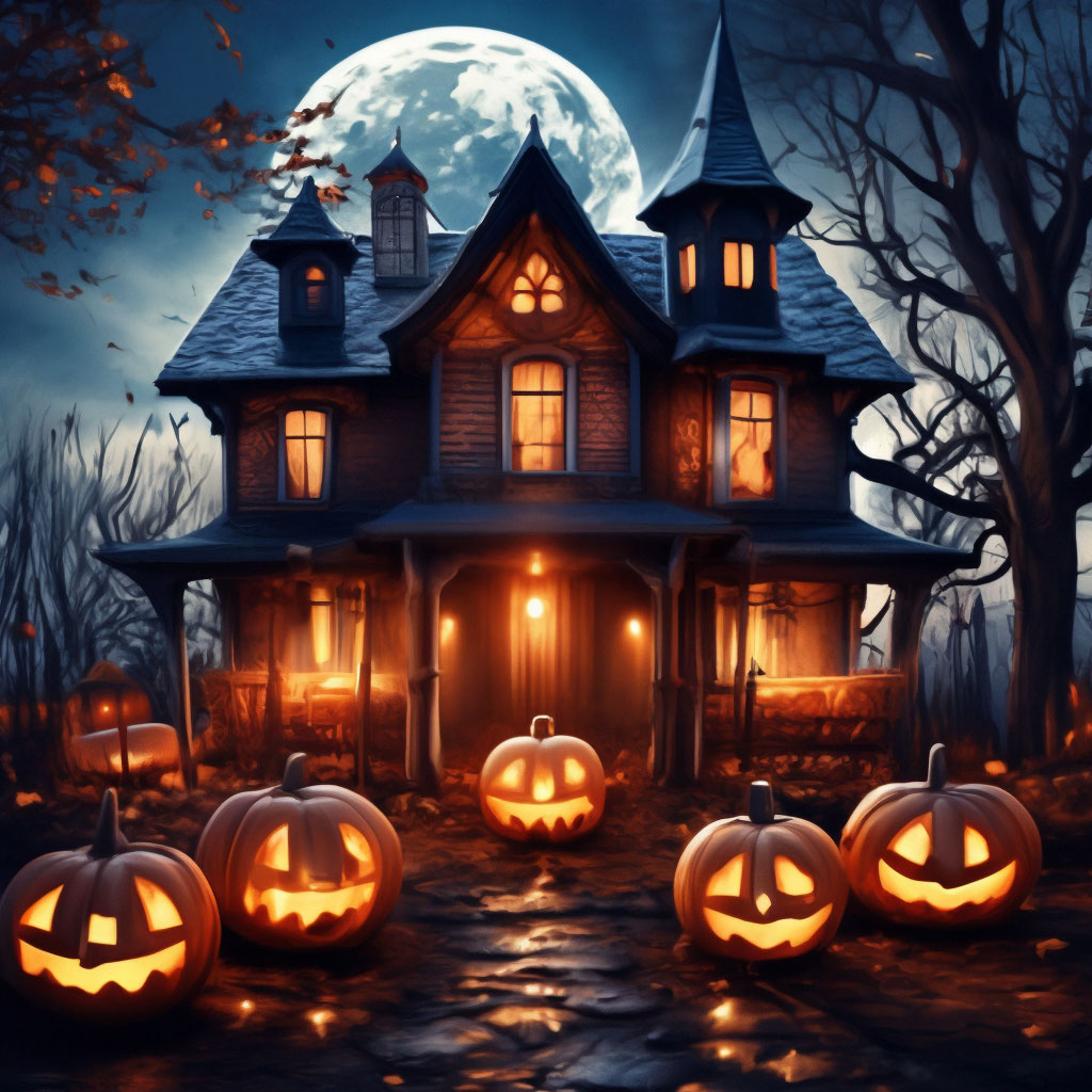 Хэллоуин дом с тыквами ночью и …» — создано в Шедевруме