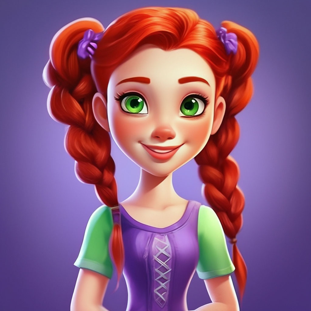 red hair purple dress cartoon Concert art of a character with disheveled red hair hair with a blue eye "   image created in Shedevrum