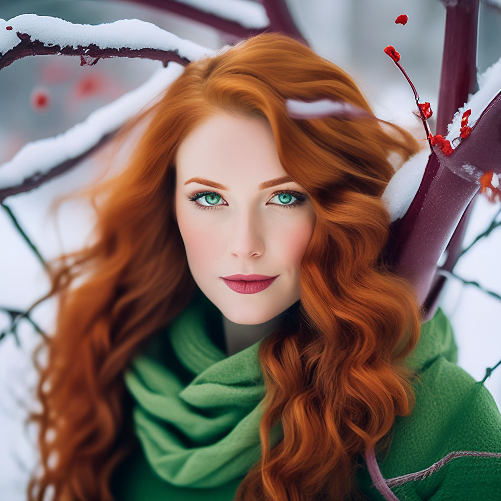 photo of a woman with wavy red hair, green eyes, in the branches of a red m...