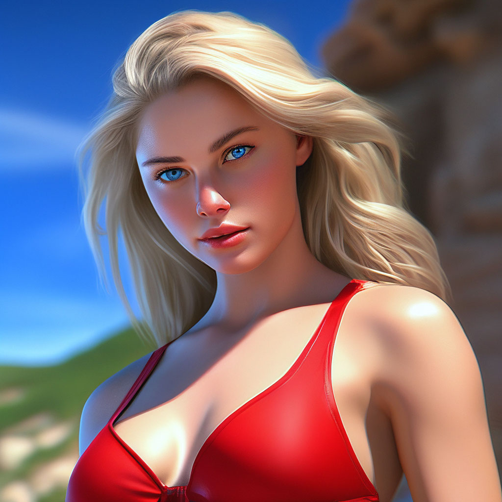 Стоковое видео категории «Премиум» — Молодая блондинка позирует в красном купальнике на пляже