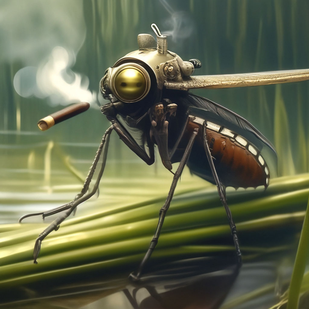 🦟 mosquito with abnormally large eyes sits on the reeds and smoking a  cigarette