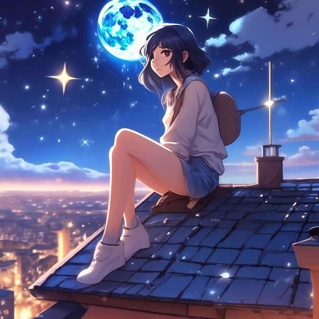 Аниме девочка на крыше луна звё…» — создано в Шедевруме