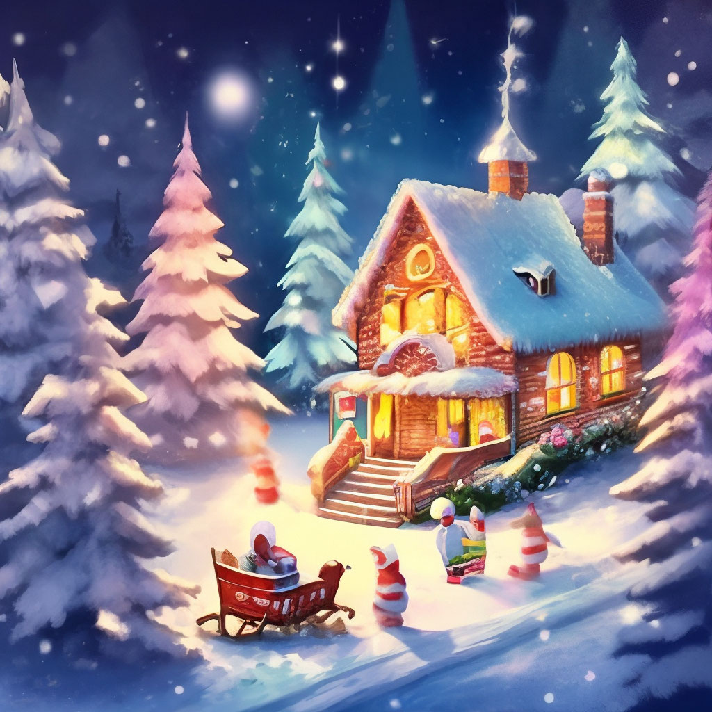 Новогодняя открытка с домиком и снеговиком — Опиши мне