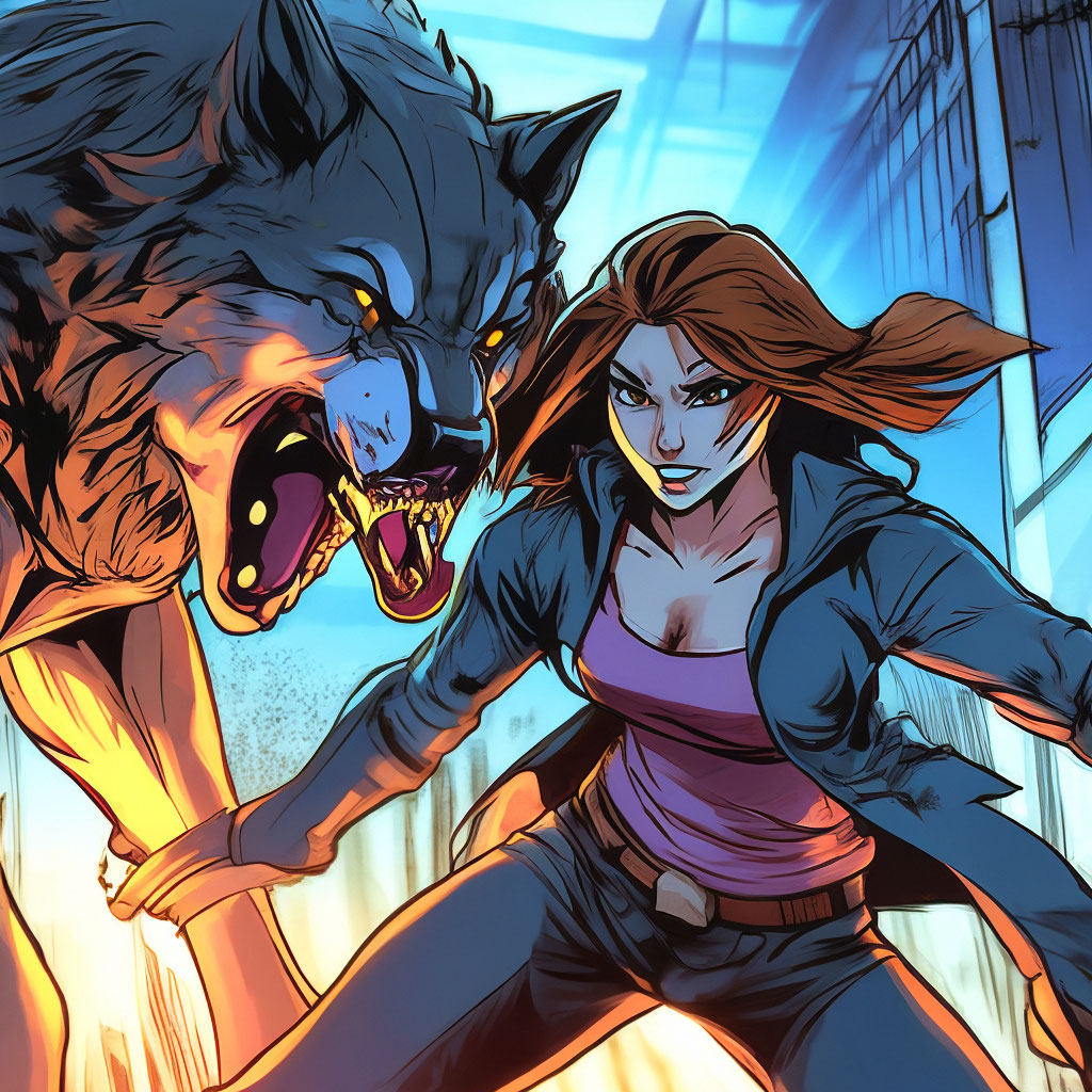 "Comics. heroine girl vs werewolf, comic, beautiful, professional phot...