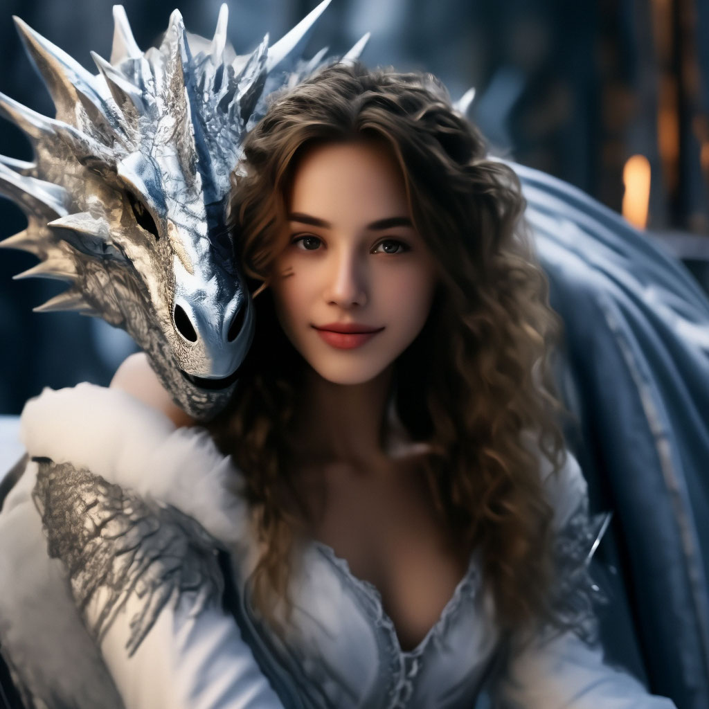"Silver dragon sitting on fluffy snow…" — image created in Shedevrum
