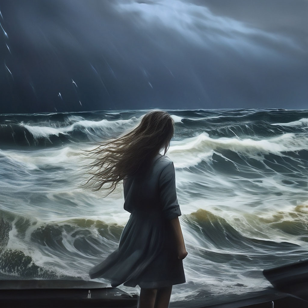 Одинокая девочка, сидя на фоне естественного океана. размытый Один на берегу моря