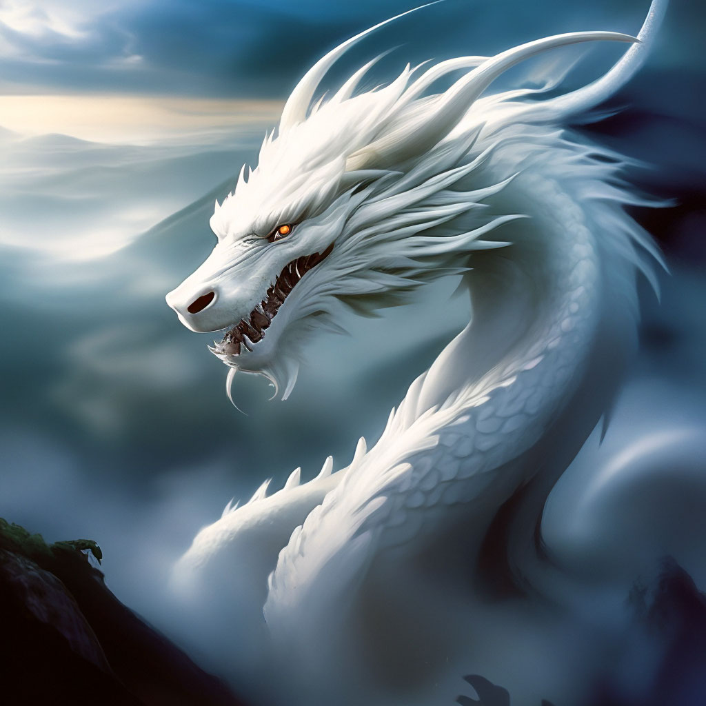 Красивый белый длинный дракон, …» — создано в Шедевруме