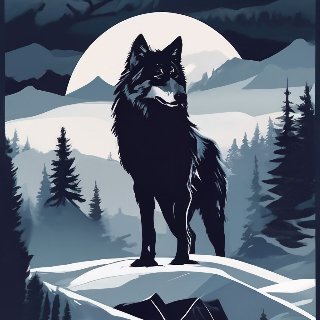 Черный волк в зимнем пейзаже, …» — создано в Шедевруме