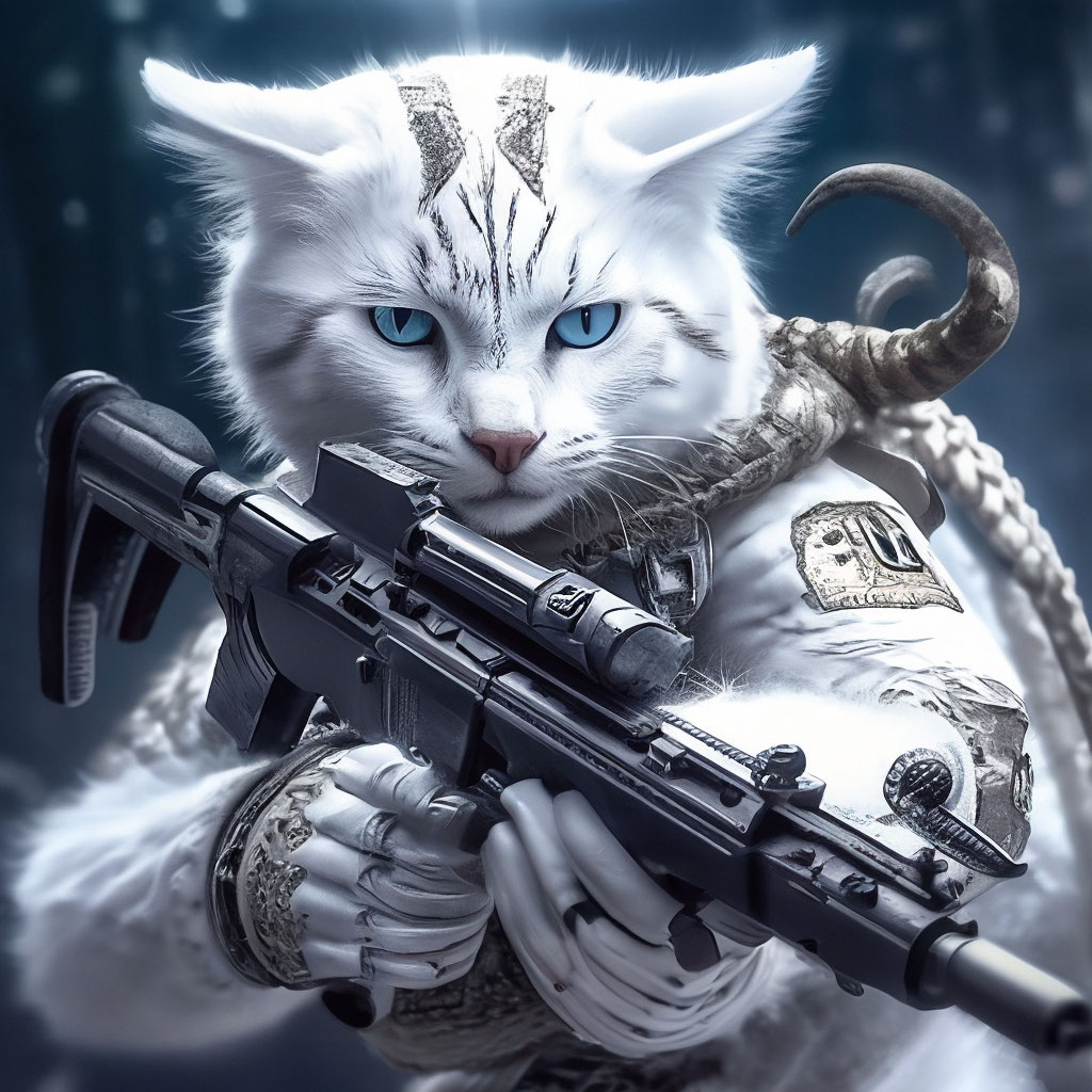 A very cool white special forces cat is flying on the back of a