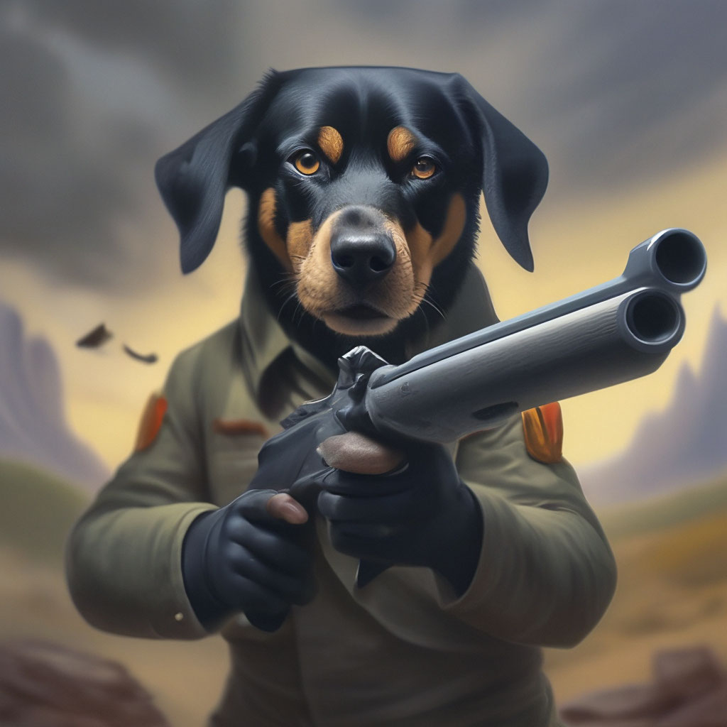 Собака с пистолетом в руке идет» — создано в Шедевруме