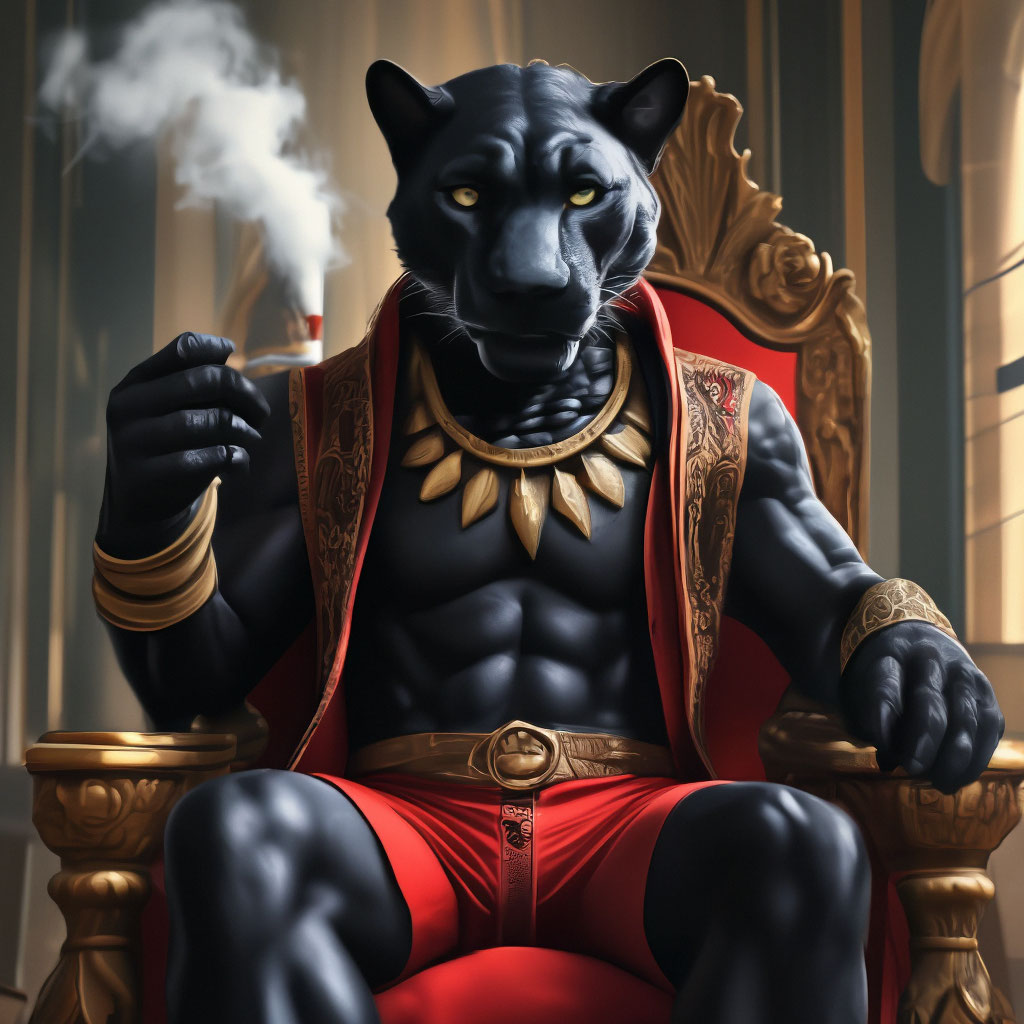 An anthropomorphic black panther smokes a cigarette through a mouthpiece,  and in tight red shorts sits on a throne…