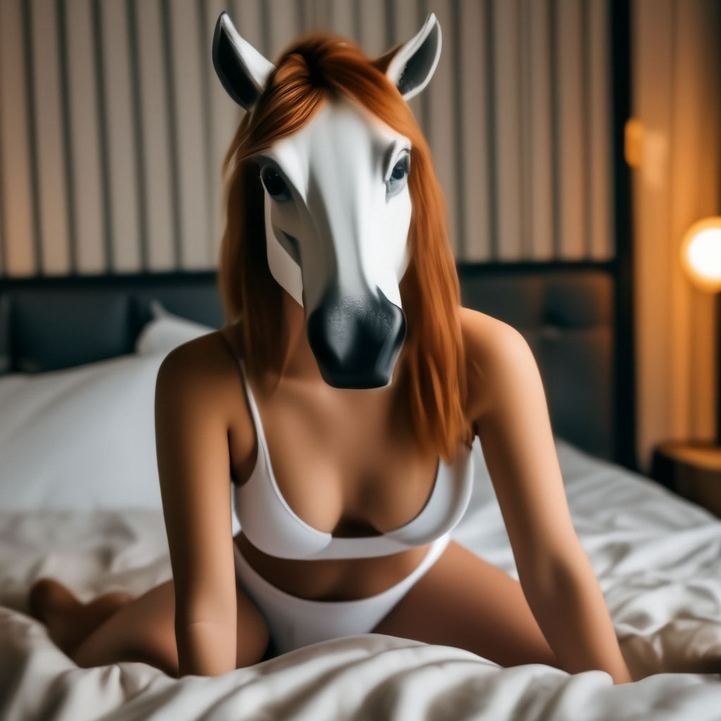 Девушка с маской головы коня на …» — создано в Шедевруме