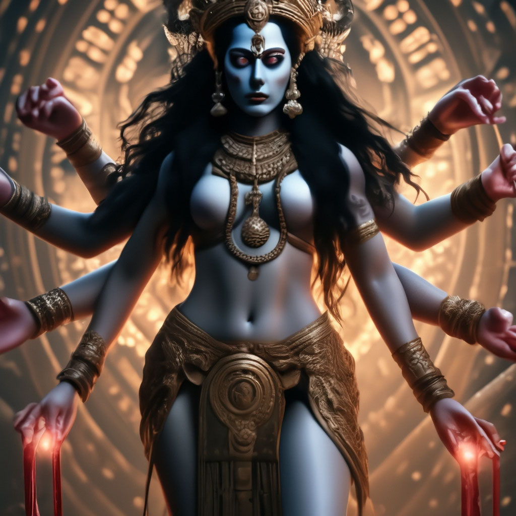the multi-armed goddess of death Kali, full height, hyperrealism, studio ph...