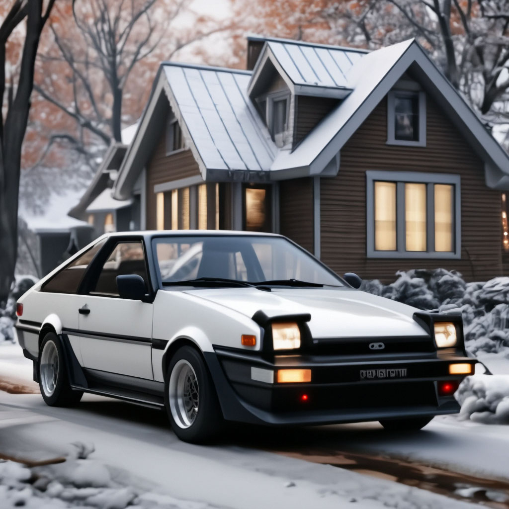 Toyota AE86 стоит в снегу,вокруг …» — создано в Шедевруме