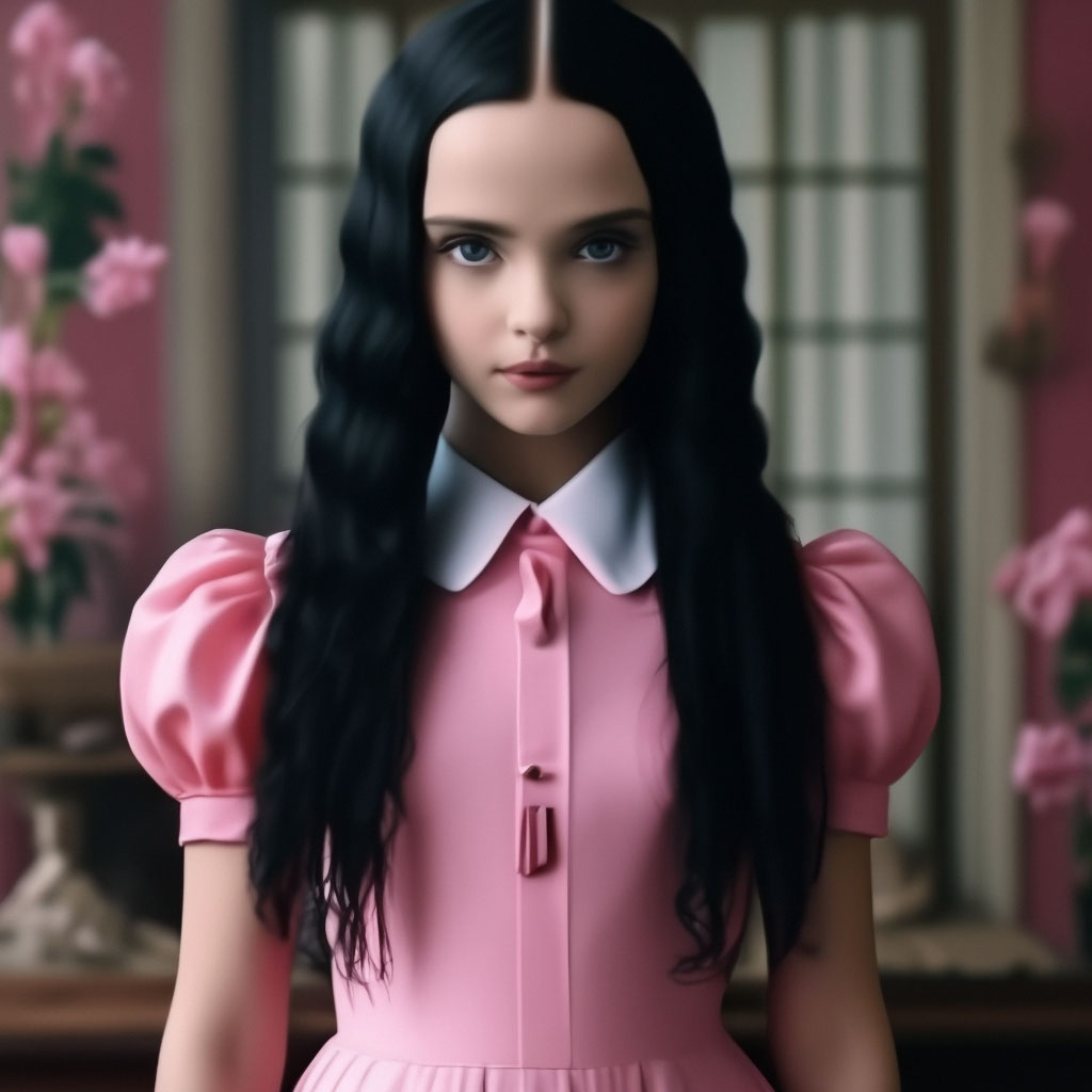 Wednesday Adams in a pink dress"  image created in Shedevrum