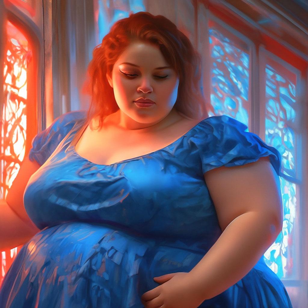 Fat girl in a blue dress, hyperdetalization, red light"  image created in  Shedevrum