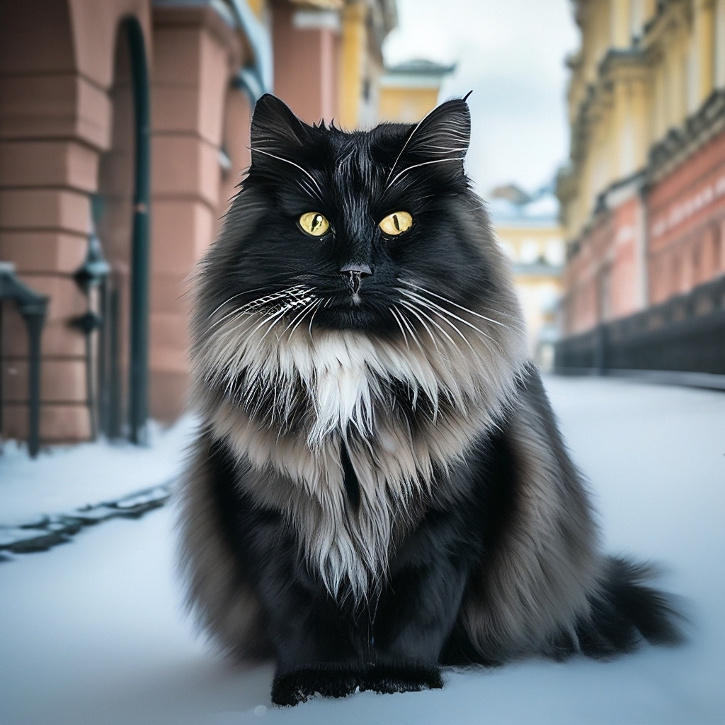 Чёрный сибирский кот с белым …» — создано в Шедевруме
