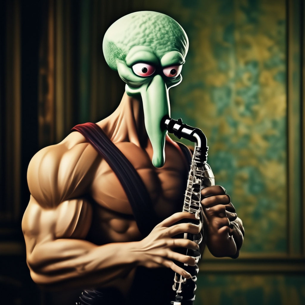 Muscular Squidward plays the clarinet — image created in Shedevrum