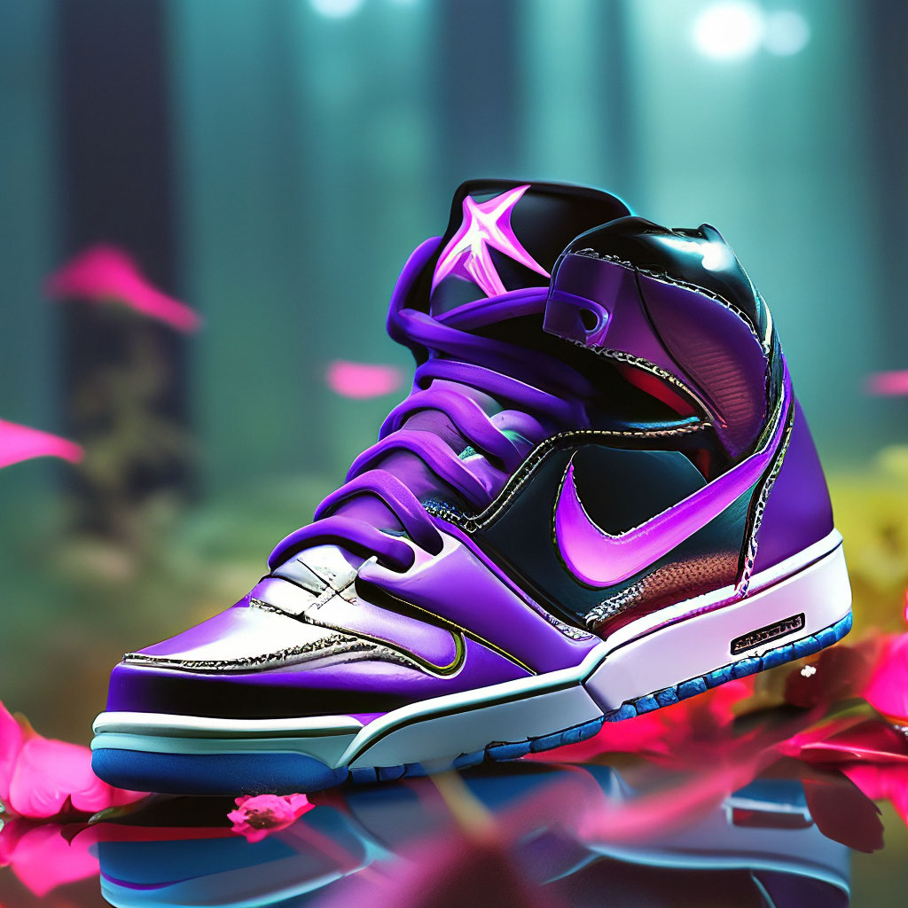 Nike jordan purple sneakers with neon image created in Shedevrum