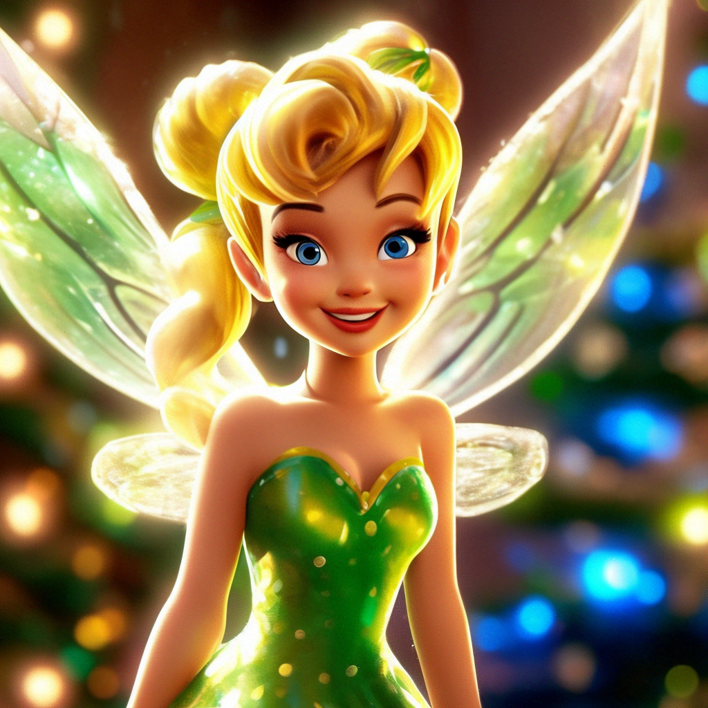 Fairy Tinker Bell, a sweet girl, in a green dress, with bright long yellow  hair. Fairy. A Disney cartoon. In the "  image created in Shedevrum