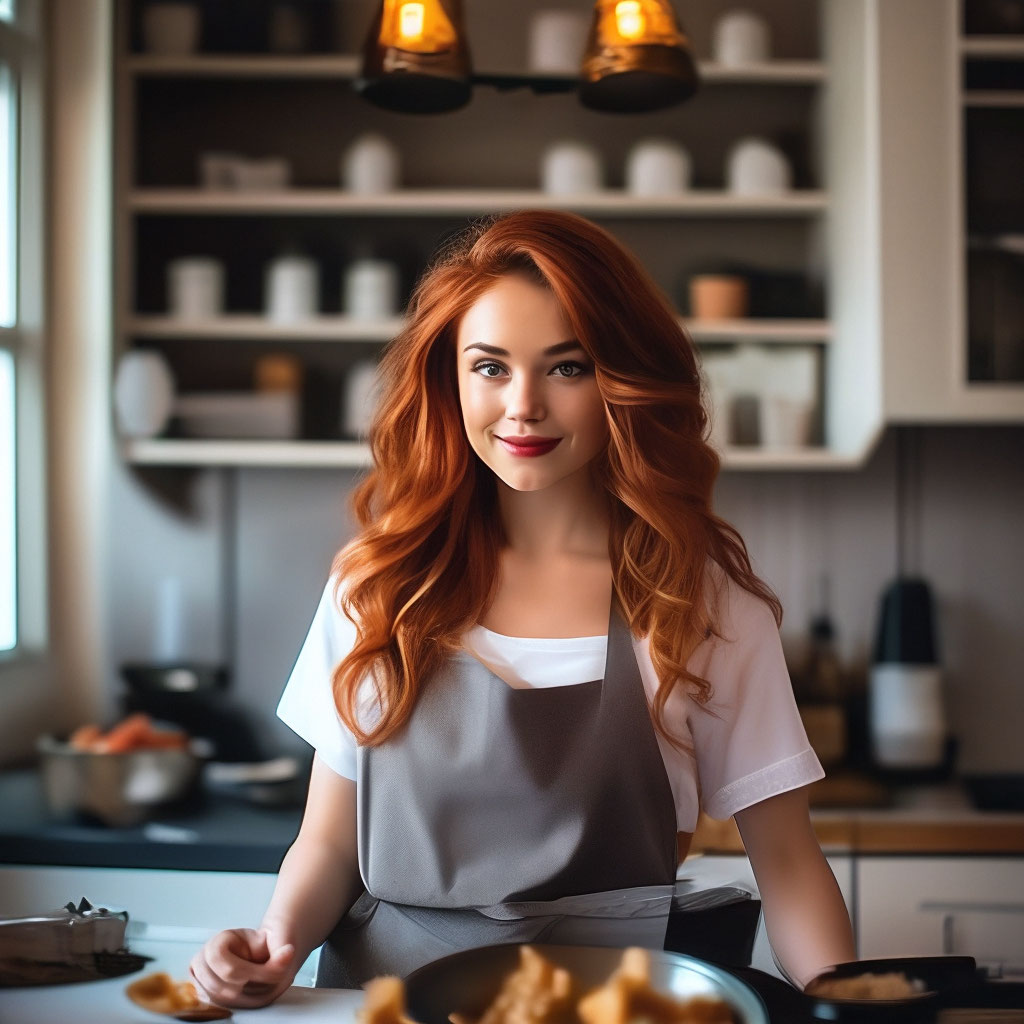 Женский шеф-повар с красными волосами и сковороду прыжки и танцы, изолированных на белом фоне