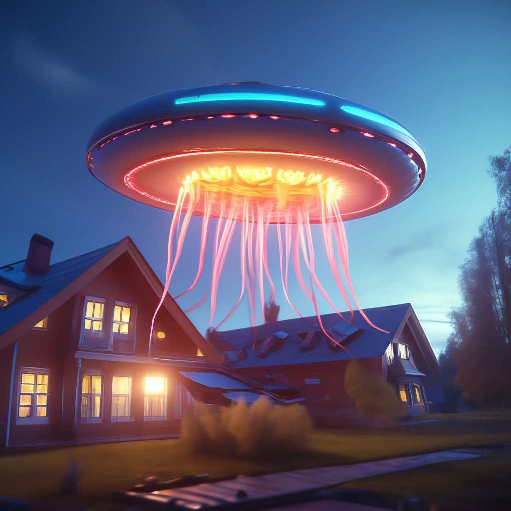 Petrozavodsk 1977 in the sky hangs a UFO resembling a jellyfish glowing with…" — image created in Shedevrum