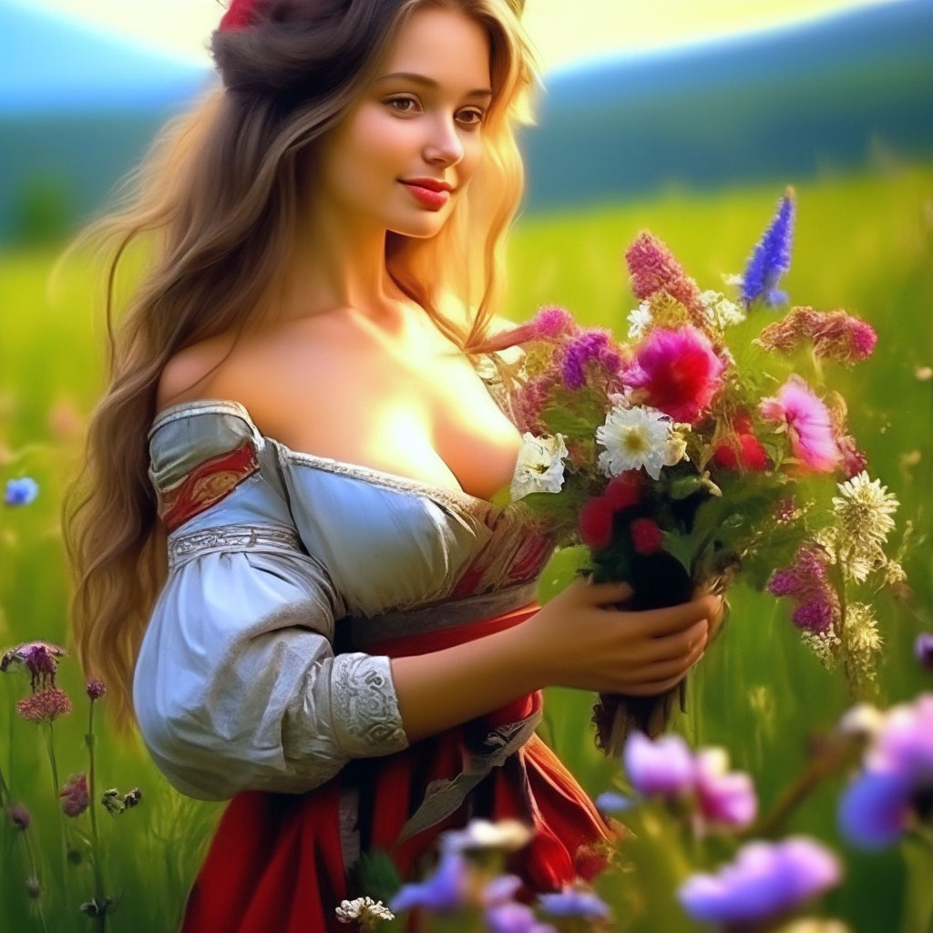 Голая русская блондинка в поле собирает цветы и мастурбирует