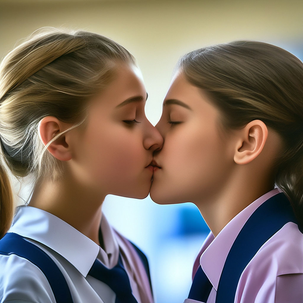 Школьницы целуются Школьница целует школьника в губы профессиональное фото 2023 k,  фотореализм, 90mm lens, 1/222s, f/9.9, ISO…» — картинка создана в Шедевруме