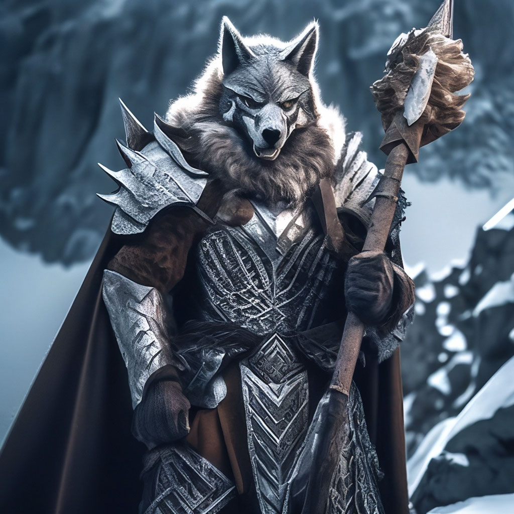 Warrior, metal mask with a wolf skin …