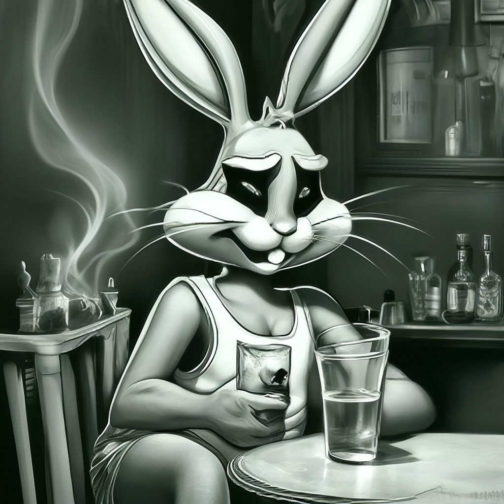 Bugs bunny tired, sore eyes, sullen, sad, with a cigarette in his mouth, a  glass in his hand, inflamed veins on his…